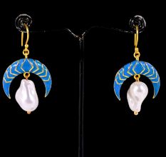 Blue Enamel and Pearl Crescent Moon Dangle Earrings for Women in Brass with 22k Gold Plating